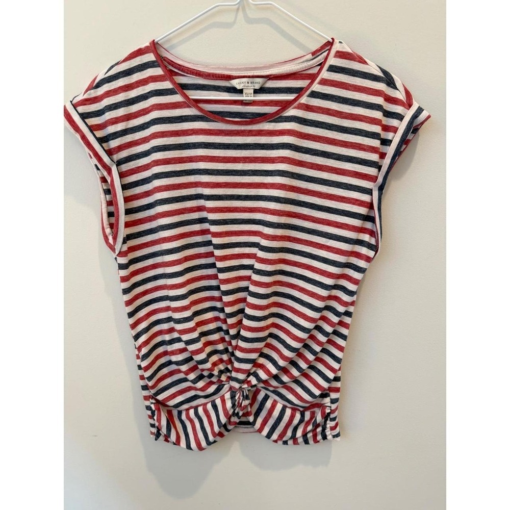 Lucky Brand Women's XS Red Navy White Striped Twist Front Nautical Top XS